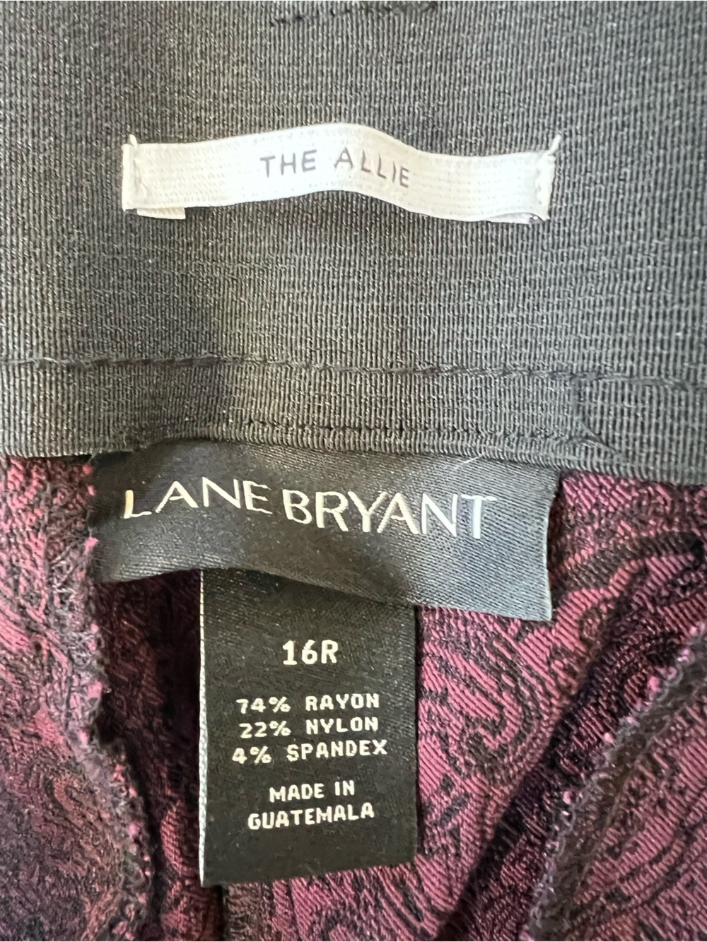 Lane Bryant NWT Allie Maroon Black Paisley Stretch Boot Cut High Rise Pants, 16R - Picture 6 of 9